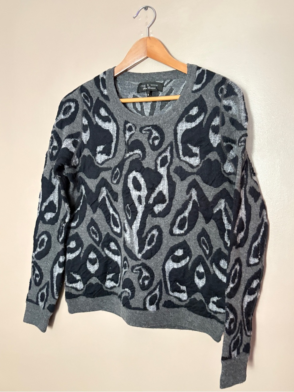 rag & bone Store Exclusive Luxury Wool Silk Alpaca Jacquard black gray sweater S